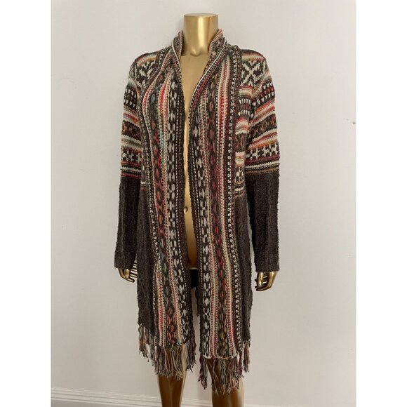 ADORA Sweaters - Adora Womens Aztec Boho Western chunky Knit Cardigan Sweater Fringe Hem M/L